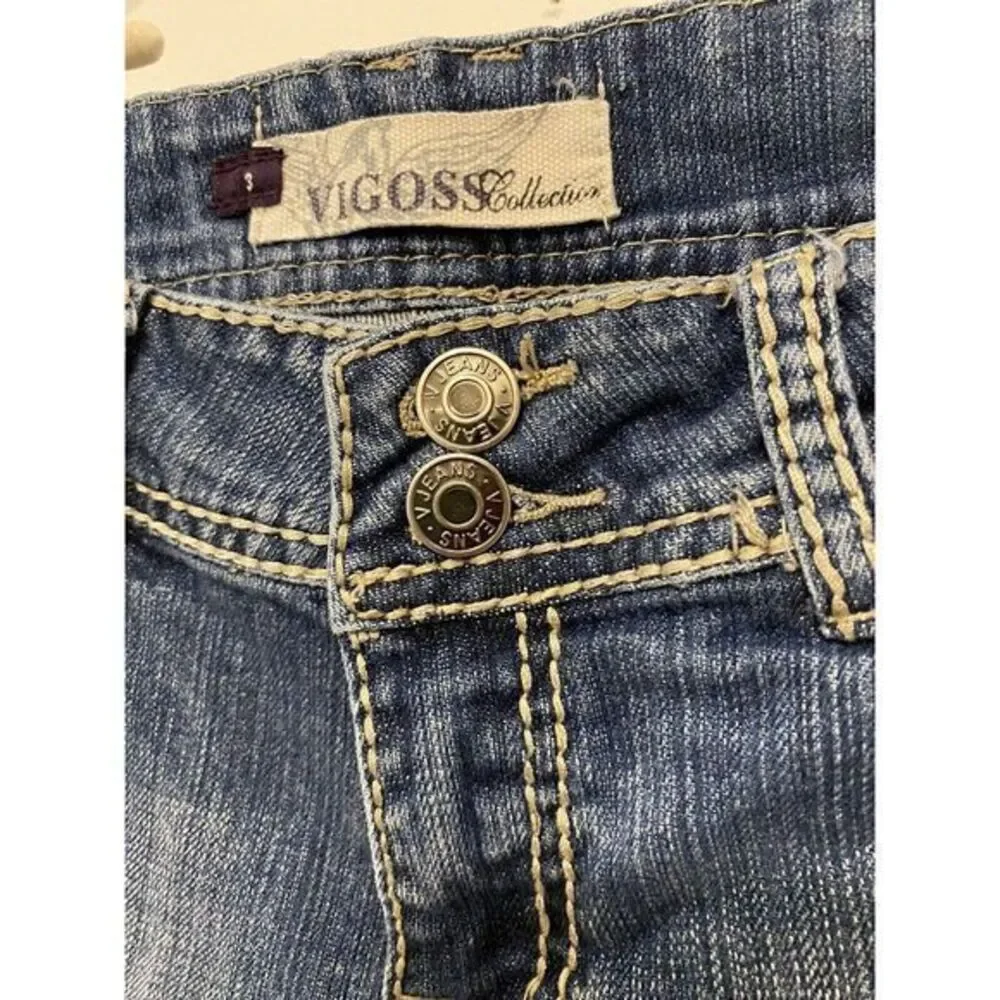 Vigoss Denim Jean Capri Size 3 Distressed Blue‎ Denim Embroidery Pockets - Picture 2 of 5